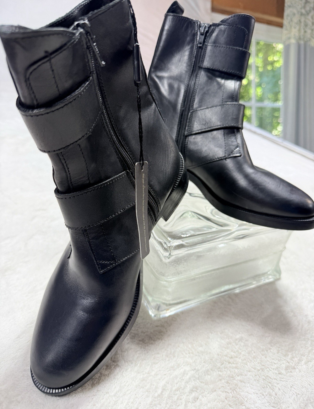 Emanuele Crasto Black Leather Moto Boots Women US Sz 7 Italian Double Buckle NWT